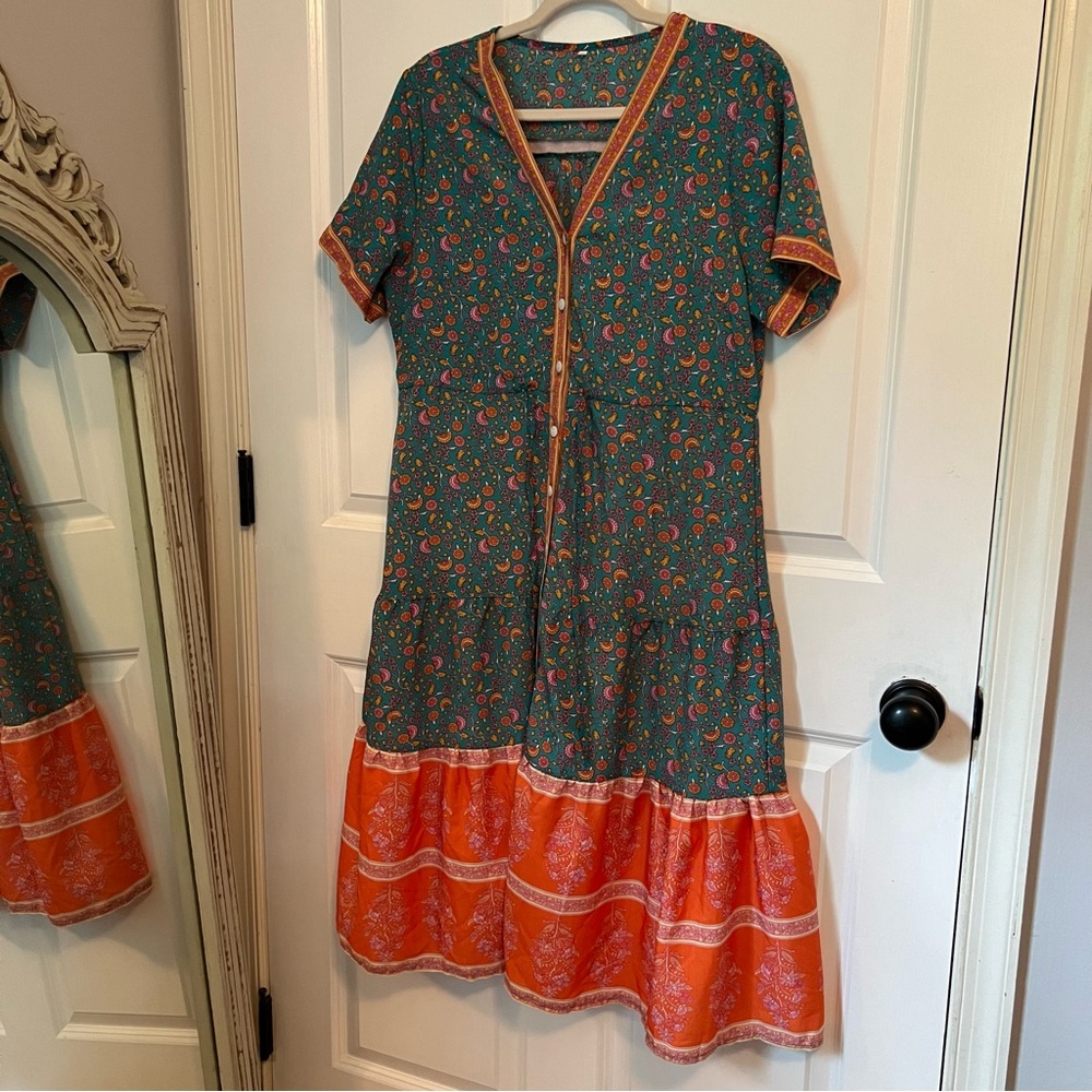 Teal & Orange‎ Cottagecore Ruffled Floral Layered Midi Sundress Size 2X
